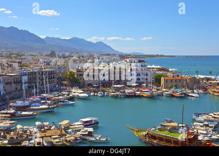 Scenic view of historic harbor and the old town in Kyrenia (Girne) on the Island of Cyprus, October 6, 2013. Stock Photo