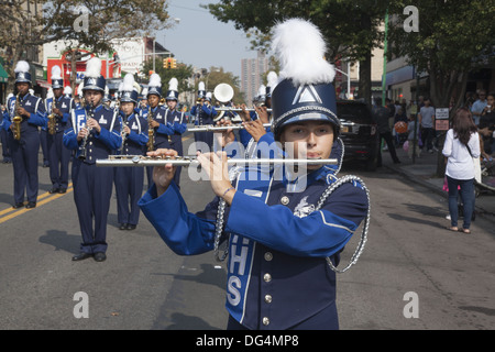 School marching bands march in the annual Ragamuffin Parade in Bay Ridge Brooklyn, NY. Stock Photo