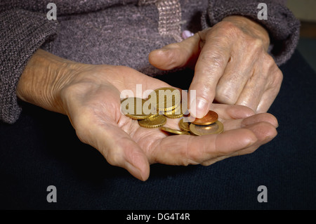 Euro coins in old woman's hands. Business concept. Stock Photo