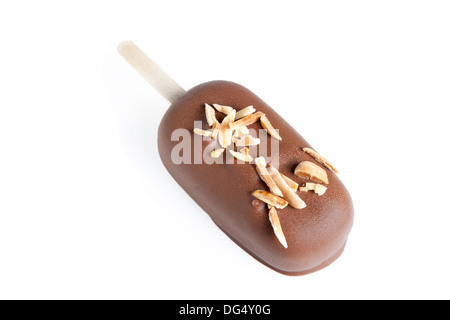 chocolate and vanilla ice cream covered with chocolate and almonds isolated on white Stock Photo