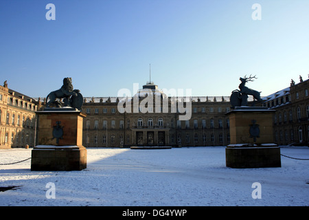 palace in Stuttgart in the wintertime in front are the heraldic animals of Baden-Württemberg Stock Photo