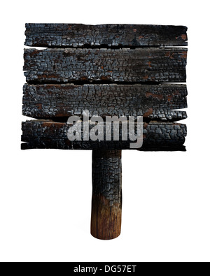 Charred wooden signboard. Old sign isolated on white. Stock Photo