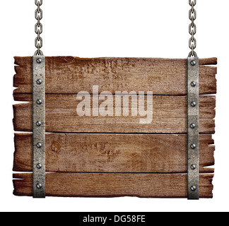 old wood signboard hanging on chain Stock Photo