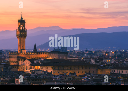 The Palazzo Vecchio is the town hall of Florence, Italy. Taken from Piazzale Michelangelo Stock Photo
