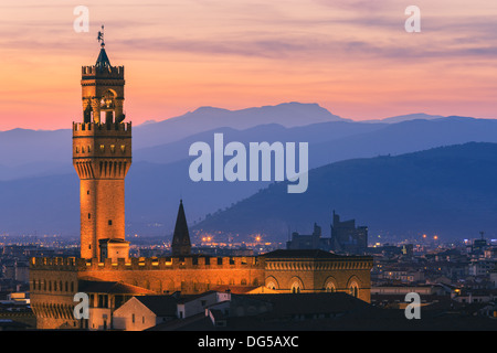 The Palazzo Vecchio is the town hall of Florence, Italy. Taken from Piazzale Michelangelo Stock Photo