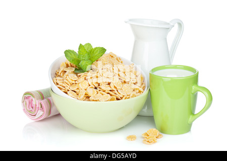 Fresh corn flakes with milk. Isolated on white background Stock Photo