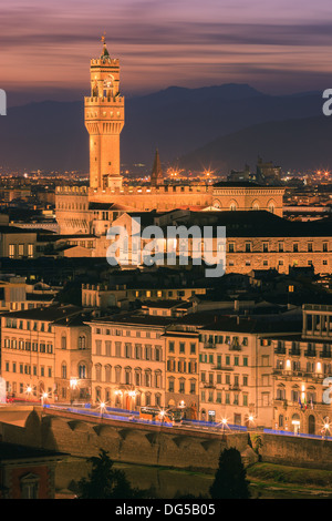 The Palazzo Vecchio is the town hall of Florence, Italy. Taken from Piazzale Michelangelo Stock Photo