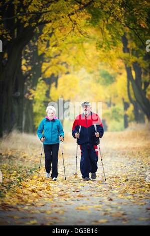 senior couple making nordic walking in the park Stock Photo