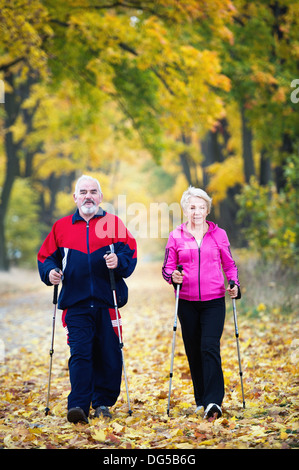 senior couple making nordic walking in the park Stock Photo