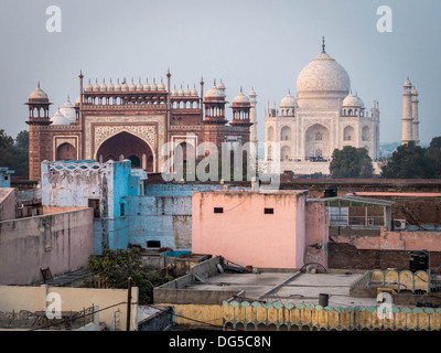 The Taj Mahal seen from a nearby rooftop in Agra, India. Stock Photo