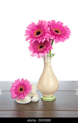 Pink Gerbera in vase with pile of white stones on a dark brown wooden shelf Stock Photo