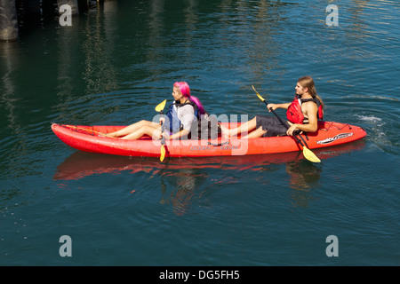 Young couple kayaking in Santa Barbara harbor Stock Photo