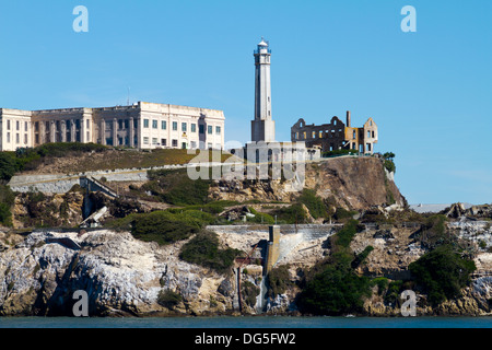 Closeup view of Alcatraz showing  tower, cell blocks, and rocky cliffs. Stock Photo