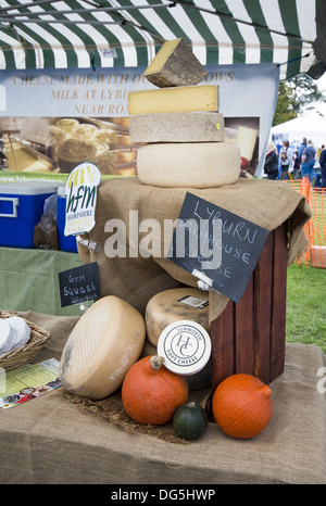 Cheese stall at the autumn pumpkin festival at the Royal Victoria Country Park, Netley, Southampton, Hampshire, England, UK Stock Photo