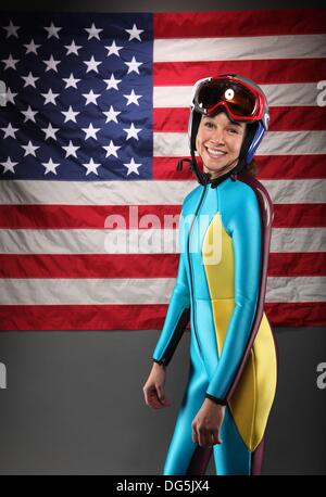 Park City, Utah, USA. 14th Oct, 2013. Sarah Hendrickson, 19 from Park City, Utah - Ski Jumping. USOC Olympic Media Summit in Park City, Utah © Erich Schlegel/ZUMAPRESS.com/Alamy Live News Stock Photo