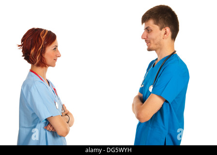 Young doctors having conversation isolated on white background Stock Photo