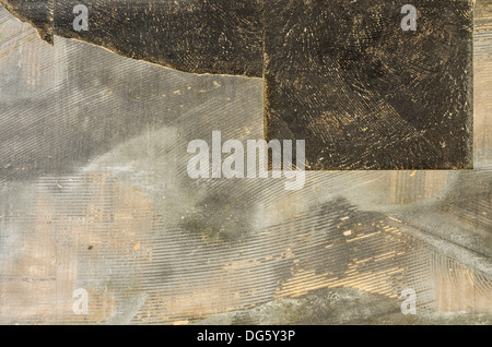 broken old flooring tiles background with old carpet backing glue Stock Photo