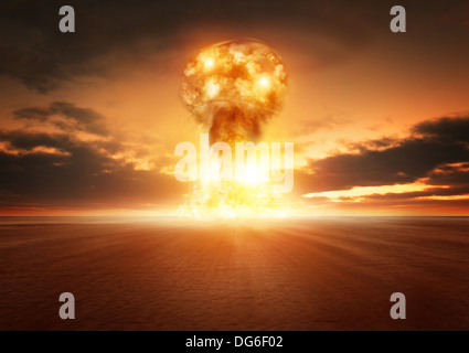 A modern nuclear bomb explosion in the desert. Stock Photo
