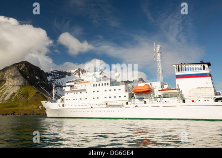 The Russian research vessel, AkademiK Sergey Vavilov an ice strengthened ship on an expedition cruise to Northern Svalbard. Stock Photo