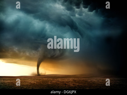 A Tornado forming in the evening from a supercell. Illustration. Stock Photo