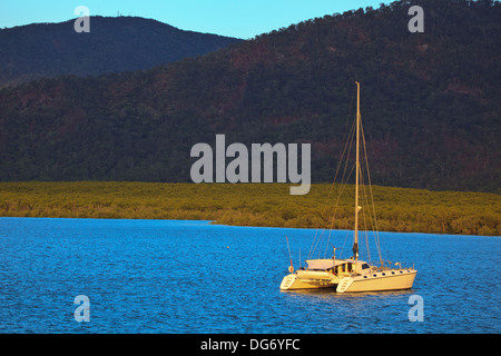 White catamaran moored safely in calm waters of Cairns Harbor, Australia near the Great Barrier Reef Marine Park Stock Photo
