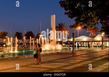 Portugal, the Algarve, Portimao, fountains in the main square, the praca da republica at night Stock Photo