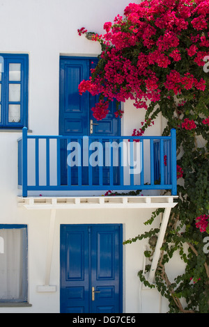 facade of a typical bleu and white greek house. In most of the Cycladic islands Stock Photo