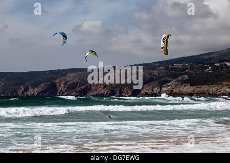 Kite surfers at Guincho beach (Praia do Guincho) Stock Photo