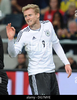 Stockholm, Sweden. 15th Oct, 2013. FIFA World Cup 2014 qualifier - Sweden v Germany 3-5, Stockholm, October 15, 2013: Germany's Andre SCHUERRLE celebrates. © dpa picture alliance/Alamy Live News Stock Photo