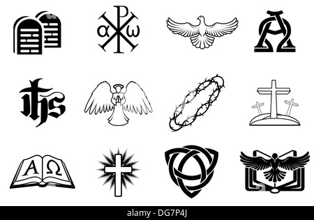 A set of Christian icons including angel, dove, alpha omega, Chi Ro and many more Stock Photo