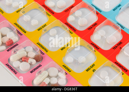 Medicine Manager colour coded blister pack with seven days of medication pills four times per day every day. England UK