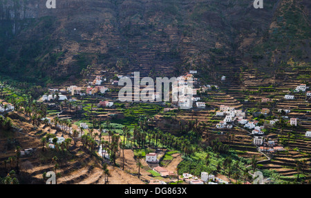 The upper part of the town of Valle Gran Rey, La Gomera, with numerous agricultural terraces on the steep valley cliff sides Stock Photo