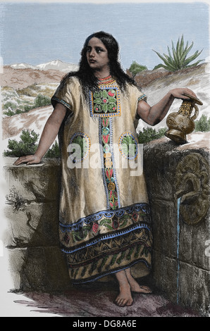 America. Mexico. Mexican girl, with 'Tolteque-style' robe. 1880. Engraving. Later colouration. 19th century. Stock Photo