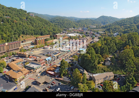 Aerial wide-angle view of the main road, Parkway 441, through downtown Gatlinburg, Tennessee Stock Photo