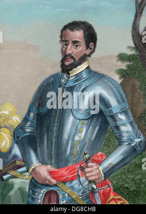 Hernando de Soto (1496/1497-1542). Spanish explorer and conquistador. Engraving. Colored. Stock Photo