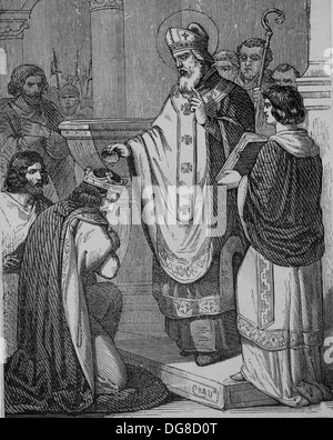 Saint Remigius (437-533). Bishop of Reims , Apostle of the Franks. On 496 he baptised Clovis I( , King of the Franks). Engraving Stock Photo