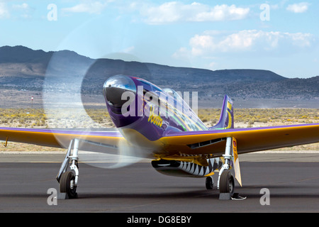 P-51 Mustang Air Racer 'Voodoo' runs up the RPM's after a heat race at the 2013 Reno National Championship Air Races. Stock Photo