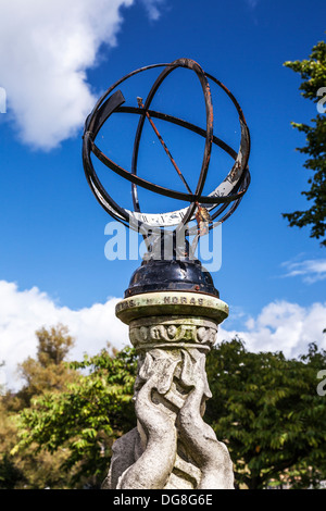 The sundial, a form of orrery, set on a marble dolphin pedestal in the ...