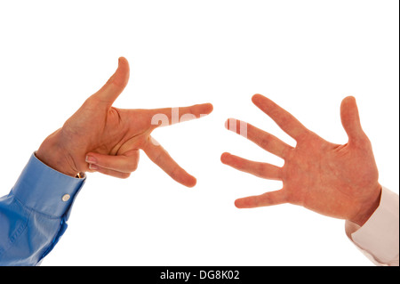 Two hands representing the number eight with fingers isolated in white Stock Photo