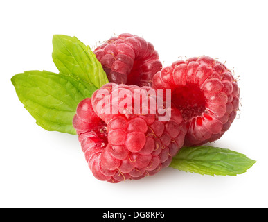 Raspberry with green leaf isolated on white Stock Photo