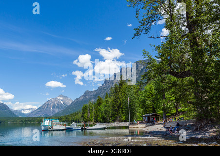Cruise boat docked outside Lake McDonald Lodge, Lake McDonald, Glacier National Park, Montana, USA Stock Photo