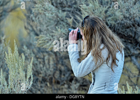 A young woman using her camera to photograph wildlife; Yellowstone National Park, Wyoming, USA Stock Photo