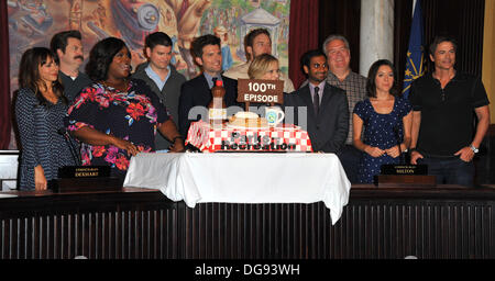 Los Angeles, California, USA. 16th Oct, 2013. Rashida Jones, Nick Offerman, Retta, Adam Scott, Chris Pratt, Amy Poehler, Aziz Ansari, Aubrey Plaza, Jim O'Heir, Rob Lowe attending Parks And Recreation 100th Episode Celebration held at the CBS Radford Studios in Studio City, California on October 16, 2013. 2013. Credit:  D. Long/Globe Photos/ZUMAPRESS.com/Alamy Live News Stock Photo