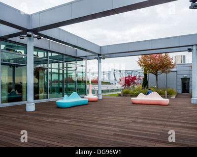 Rooftop garden with pink & blue modern chairs and shrubs of the designer Stilwerk furniture centre - Kant Street, Berlin Stock Photo