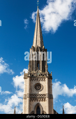 South or 'W' tower topped by tall octagonal open lantern with spire flanked by polygonal porches of St. Michael's Church, Bath. Stock Photo