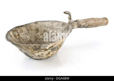 Old used hand bucket for trowel isolated on white Stock Photo