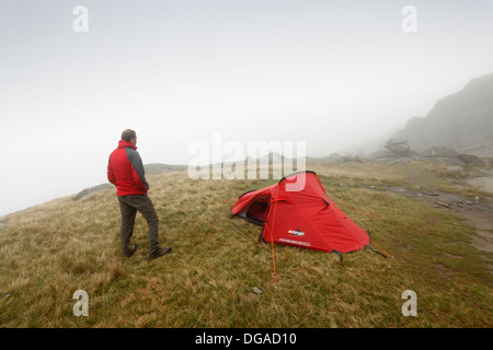 Wild Camping on Glyder Fach in Low Cloud. Snowdonia National Park. Conwy. Wales. UK. Stock Photo