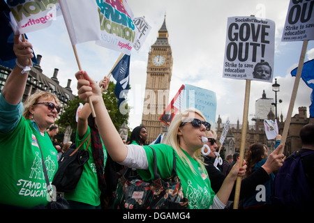 The demonstration snakes it's way passed Big Ben and Parliament on its way to the Department for Education. Stock Photo