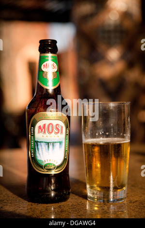 Mosi beer or lager, the local african brew named for Mosi Oa Tunya, the Victoria Falls, Zambia Africa Stock Photo