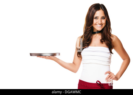 happy brunette waitress with a empty tray on white background Stock Photo